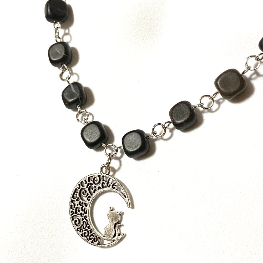 Genuine Black Agate Short Necklace, Gemstone Cube & Cute Cat on the Moon Pendant